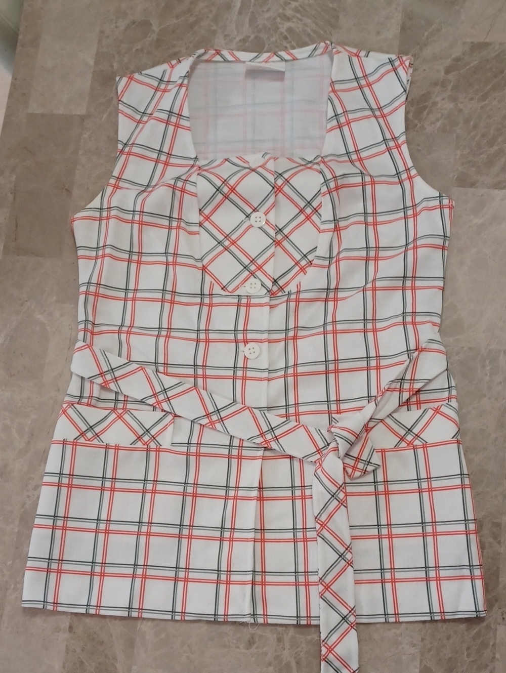 Jantzen White Plaid Top with Red and Green Stripe Accents